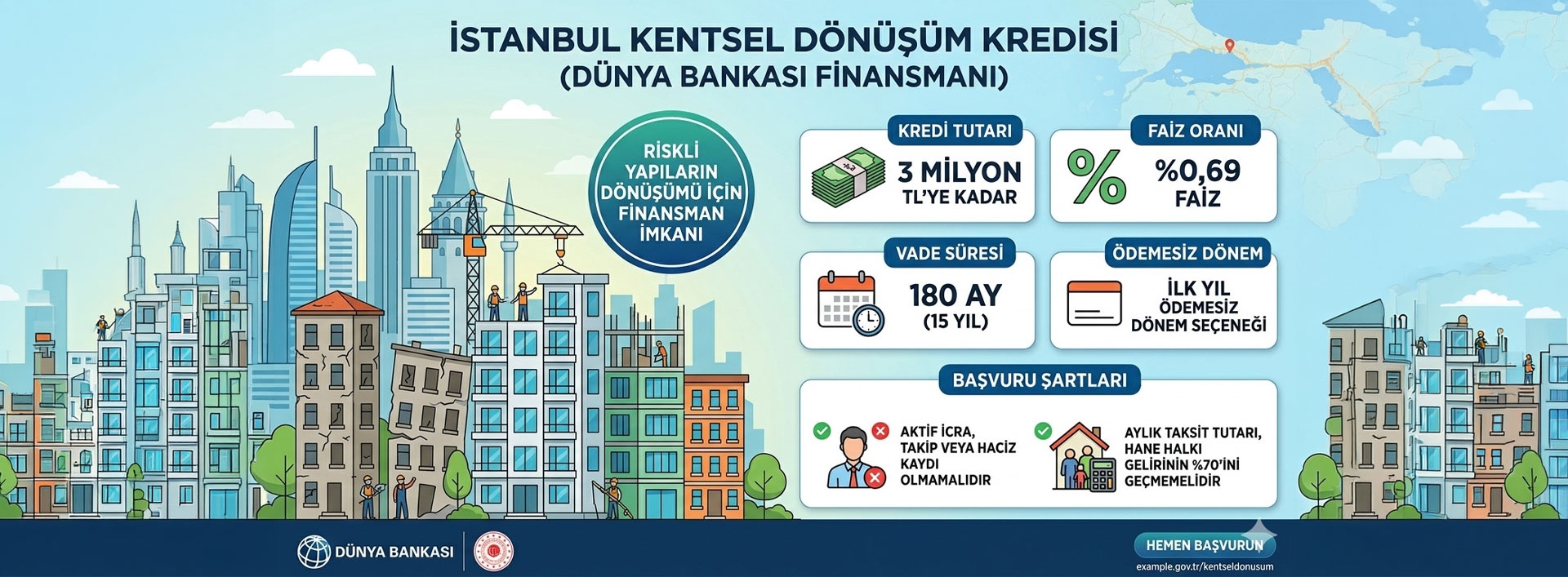 İstanbul için 3 Milyon TL’lik Kentsel Dönüşüm Kredisi Dünya Bankası finansmanıyla hayata geçirilen proje kapsamında, İstanbul’daki riskli yapıların dönüşümü için 3 milyon TL’ye kadar finansman imkanı sunuluyor. %0,69 faiz oranı ve 180 ay (15 yıl) vade avantajının yanı sıra, ilk yıl ödemesiz dönem seçeneği de mevcut. Bu krediden faydalanabilmek için başvuru sahiplerinin aktif bir icra, takip veya haciz kaydının bulunmaması ve aylık taksit tutarının hane halkı gelirinin %70’ini geçmemesi gerekiyor.
